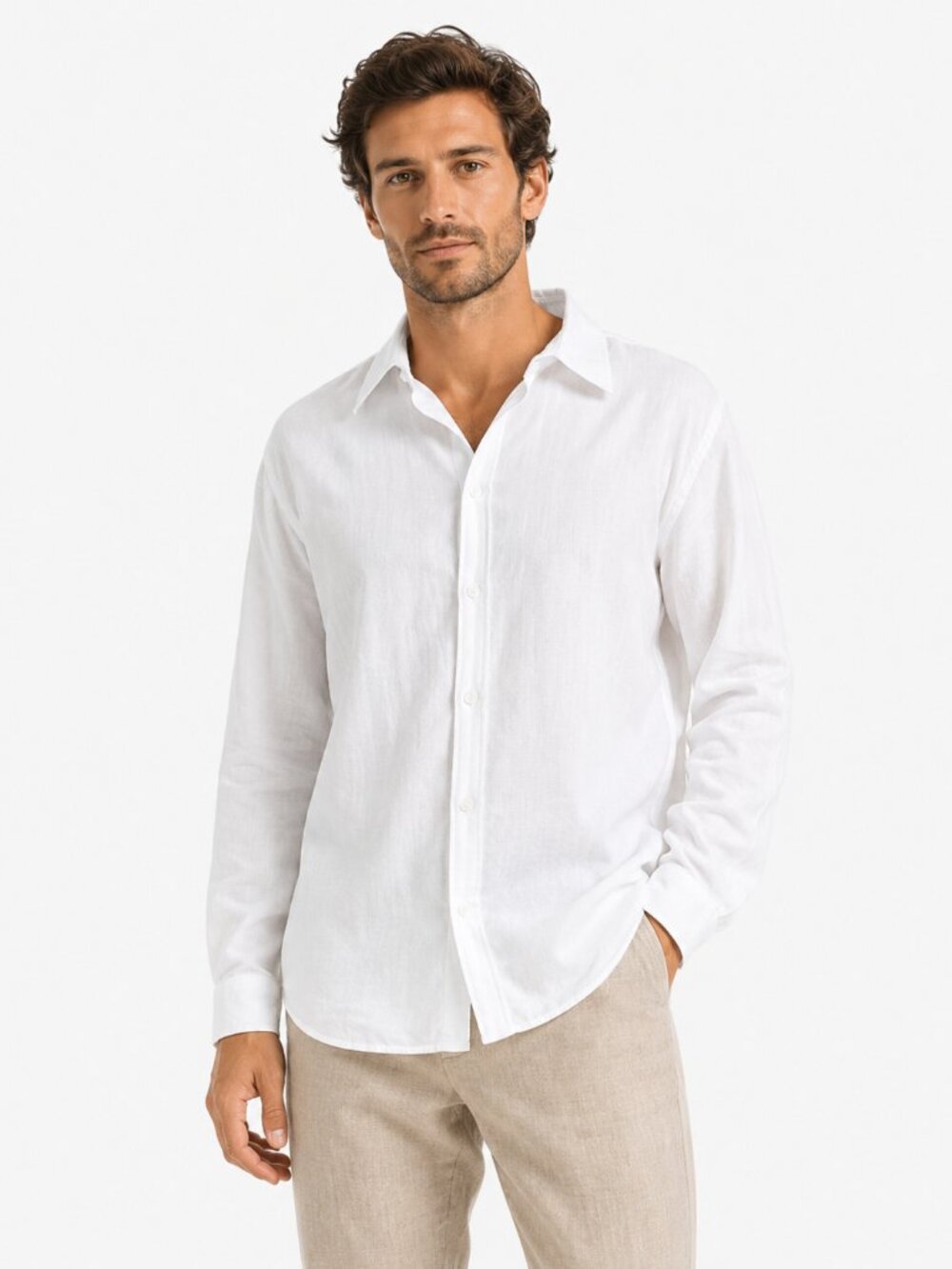 RHYTHM. CLASSICS WHITE LINEN BLEND LONG SLEEVE BUTTON DOWN SHIRT - S